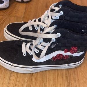 Vans Black High-Top Sneakers with Red Rose Embroidery and White Side Stripe